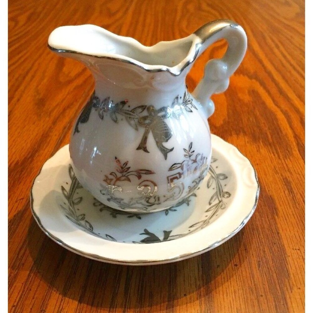 VTG 50s Lefton China 25th Silver Anniversary Creamer Dish Set Japan Handpainted‎